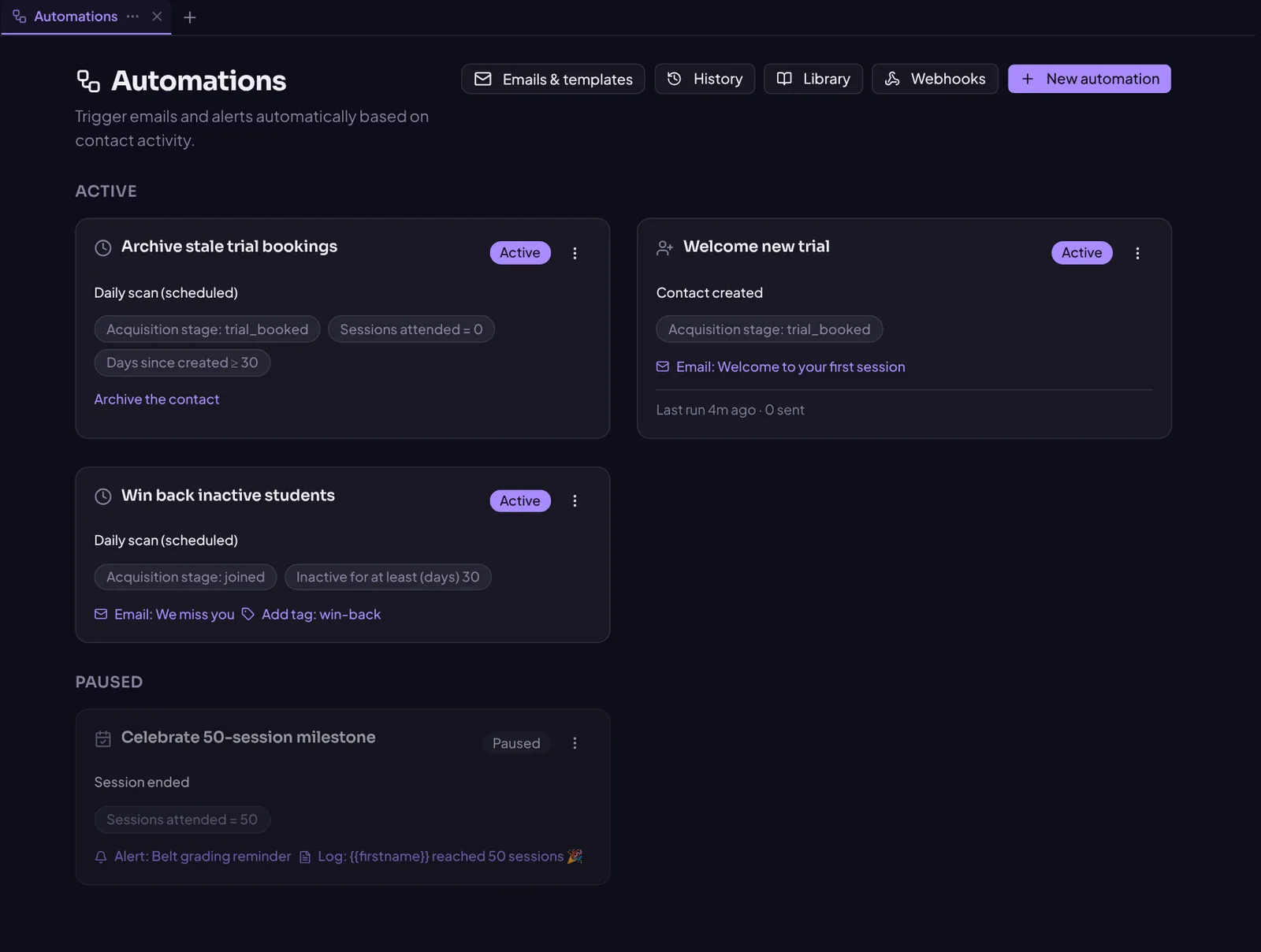 Automations list with active and paused rules
