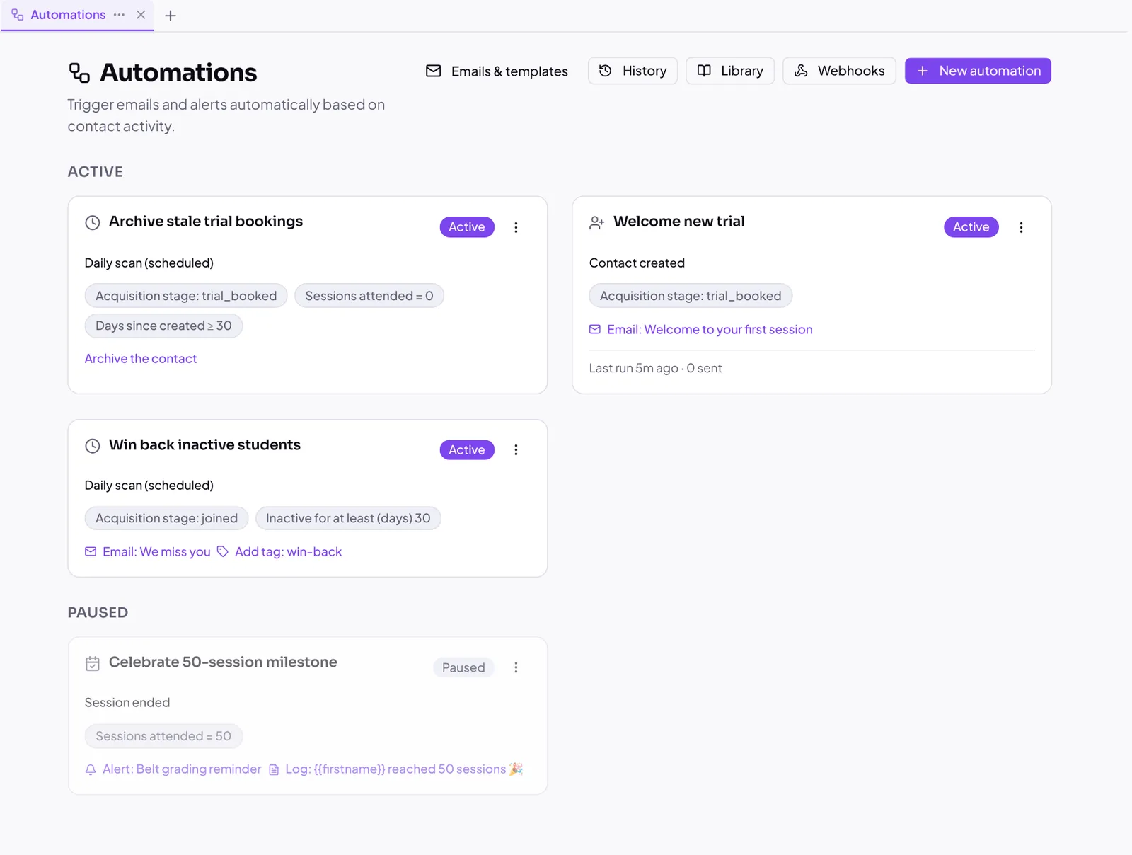 Automations list with active and paused rules