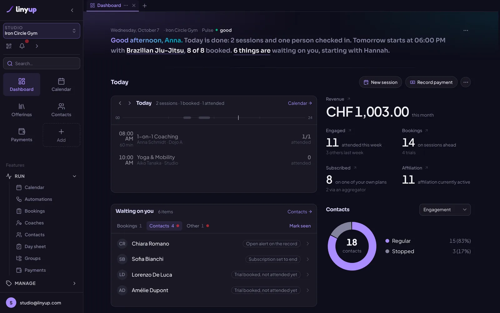 The Linyup dashboard
