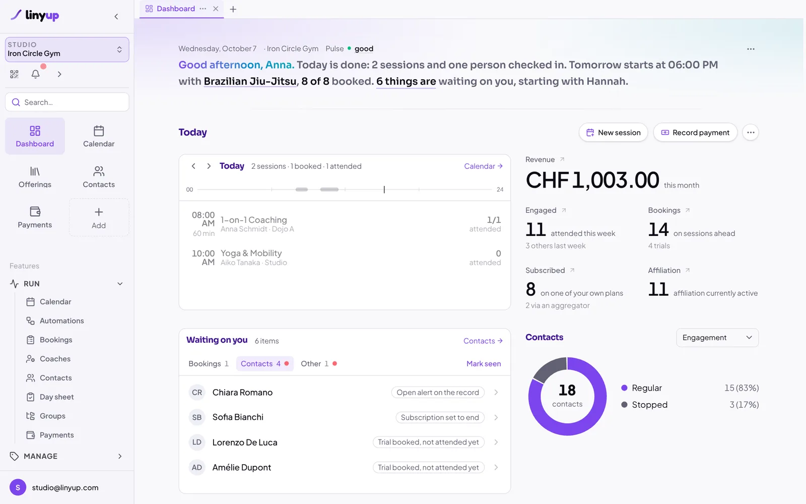 The Linyup dashboard