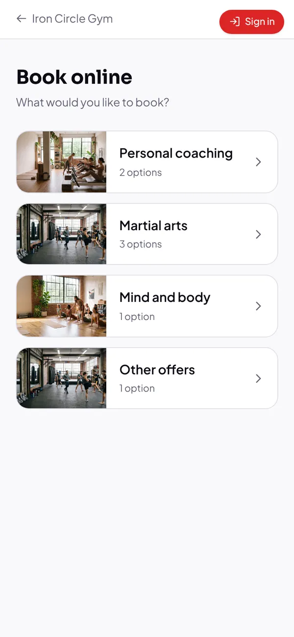 Booking page with offers grouped into sections
