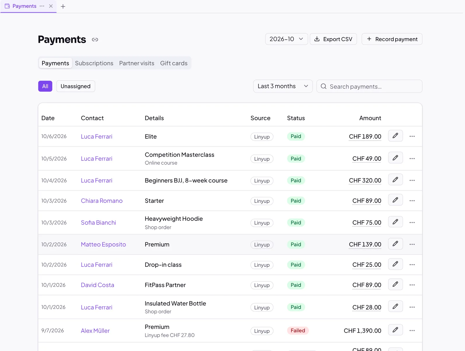 Payments list with dates, contacts, items and amounts
