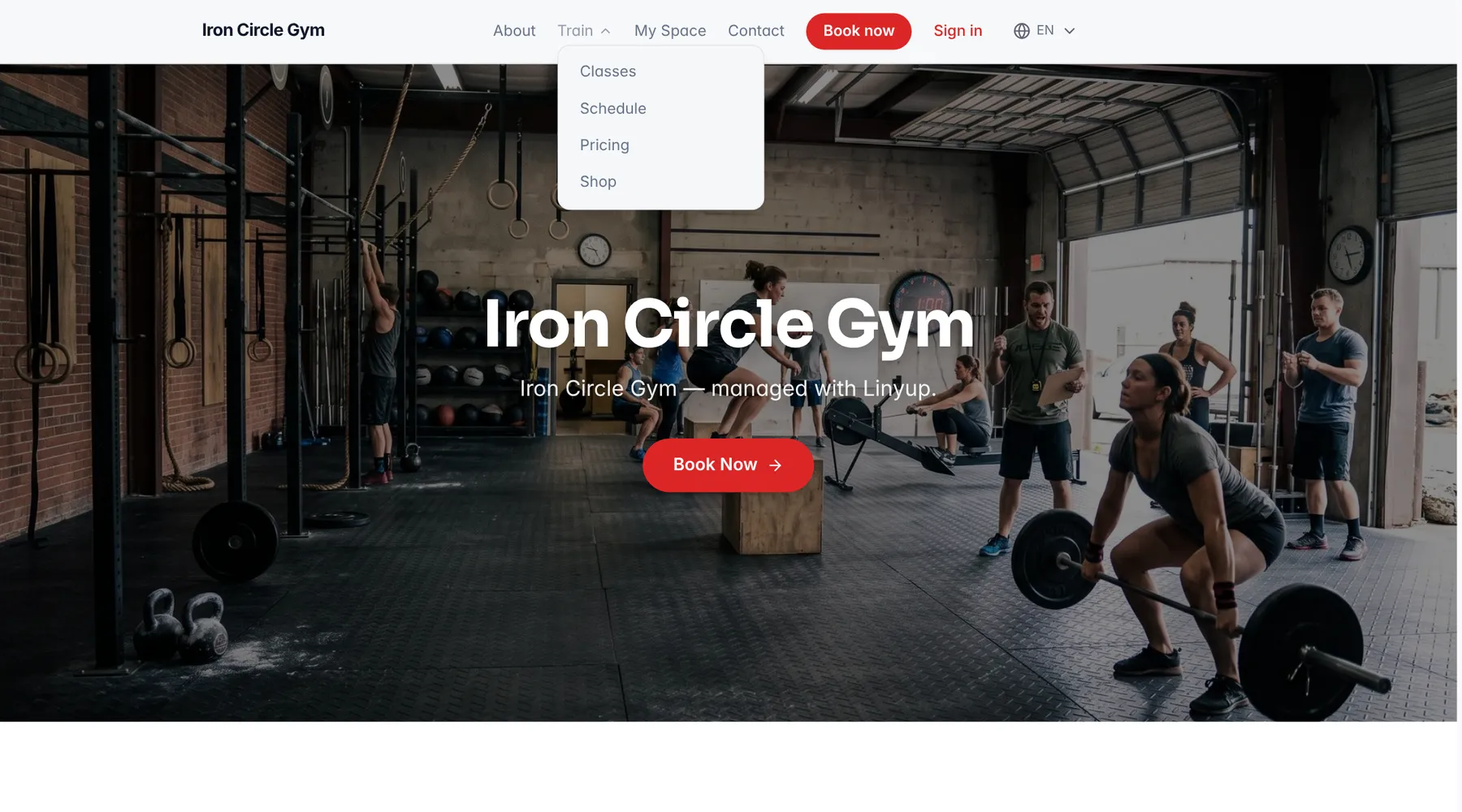 Iron Circle Gym website with a photo hero and the Train menu open